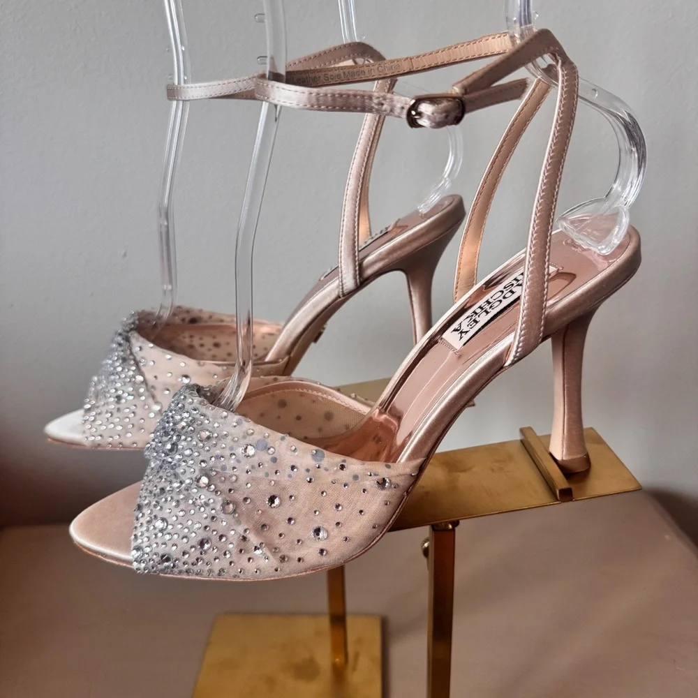 Badgley Mischka Cameryn Crystal Heels Champagne Embellished Organza Size 8 NWT - Picture 2 of 16
